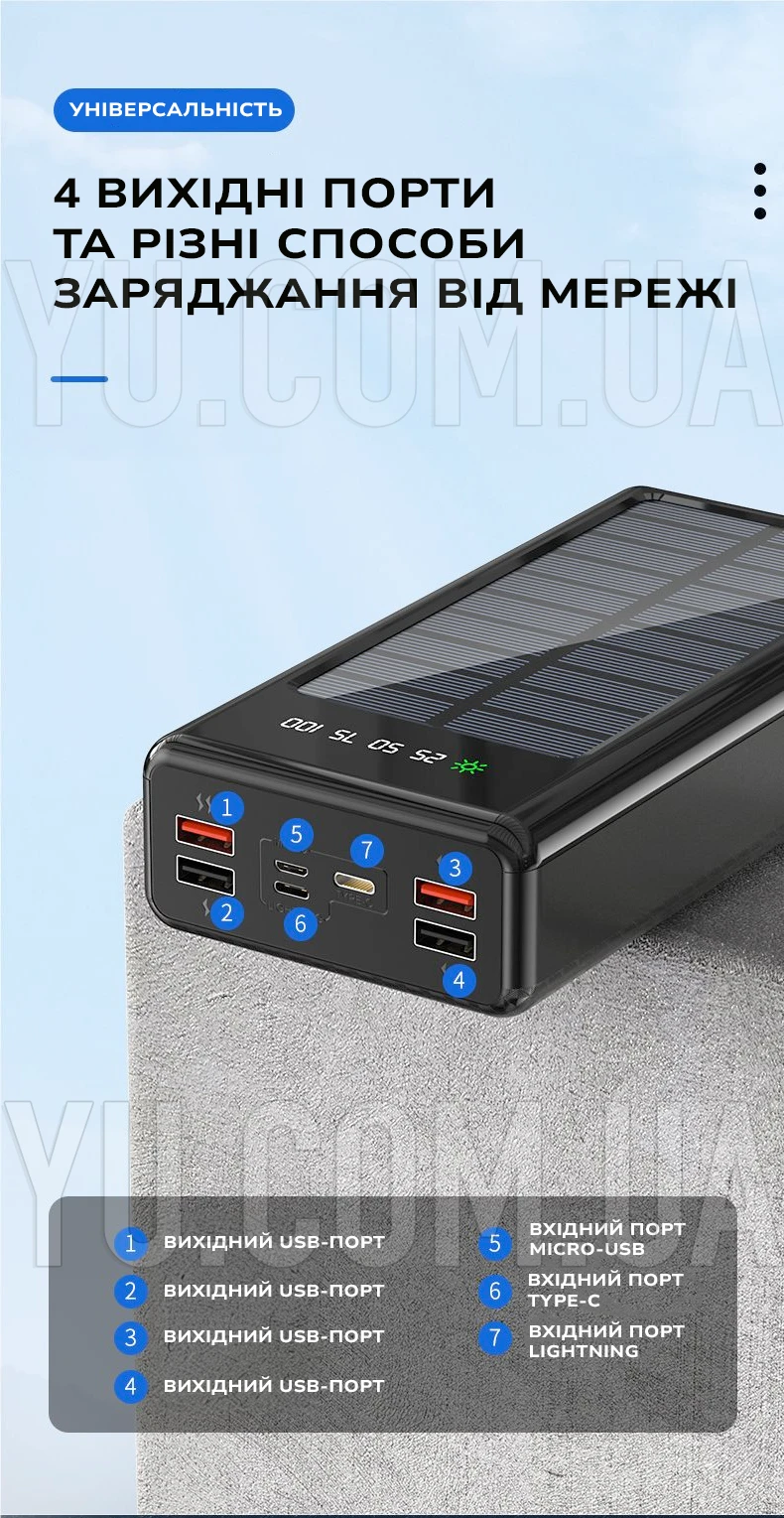 Power Bank UKC 60000mAh із сонячною панеллю 4 USB + 3 зарядні кабелі в комплекті Power Bank UKC 60000mAh із сонячною панеллю 4 USB + 3 зарядні кабелі в комплекті